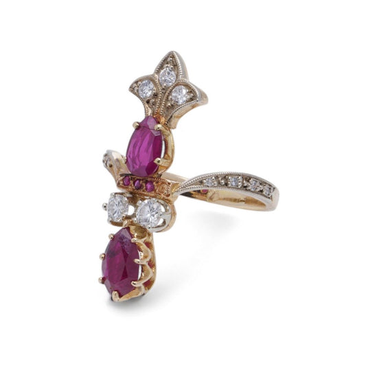 Vintage Burma Ruby and Diamond Ring In 18 Carat Yellow Gold