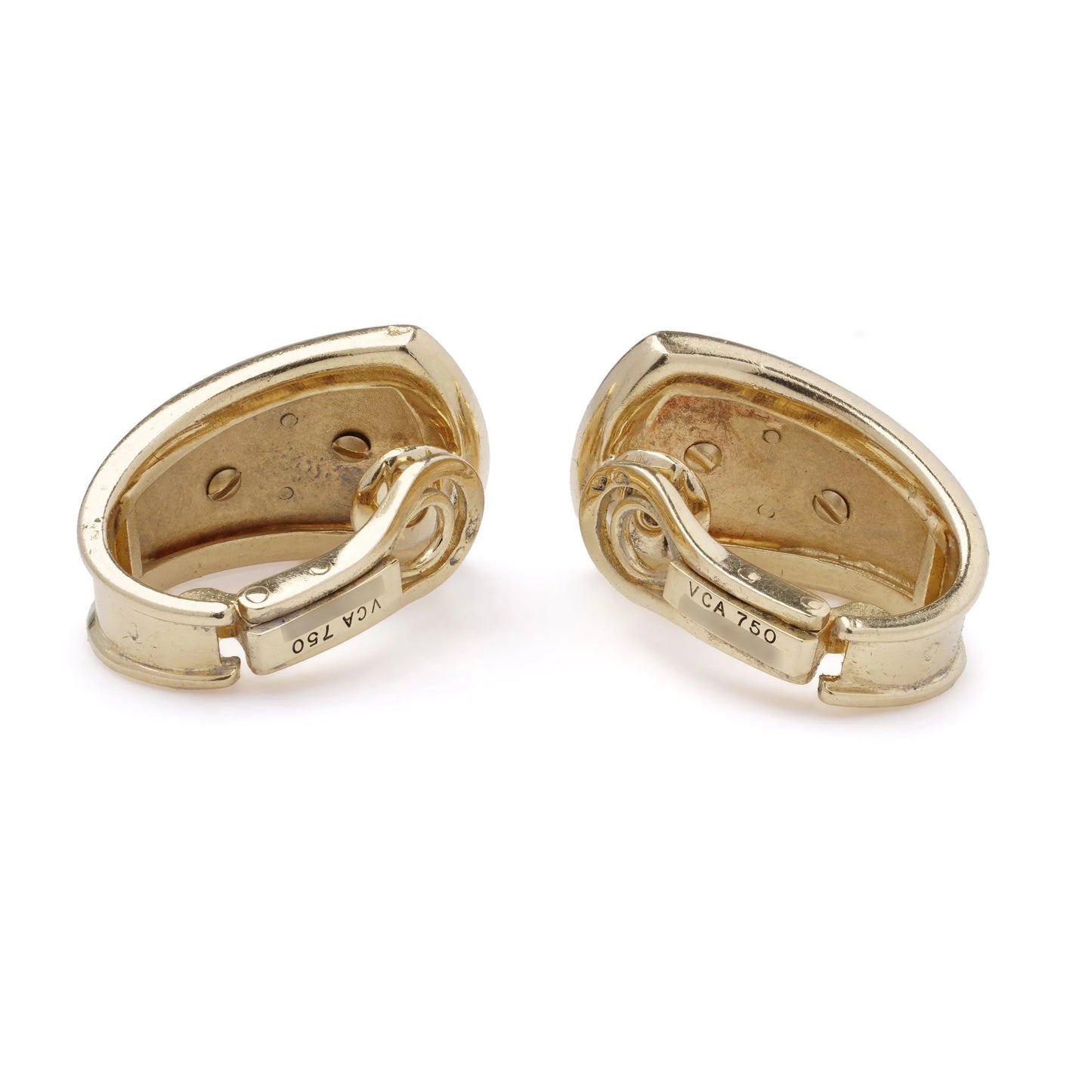 A pair of yellow gold earrings stamped VCA 750, on a white background
