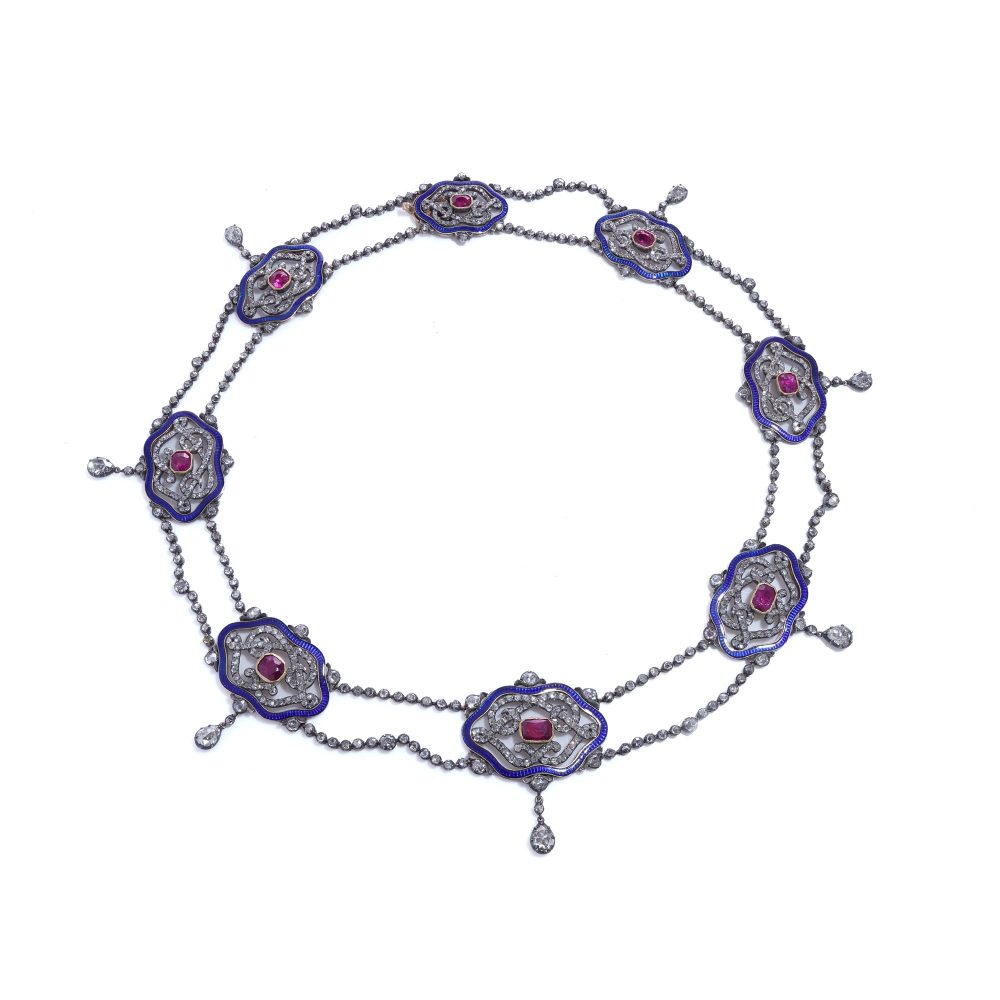 Victorian diamond, ruby and enamel necklace in gold.