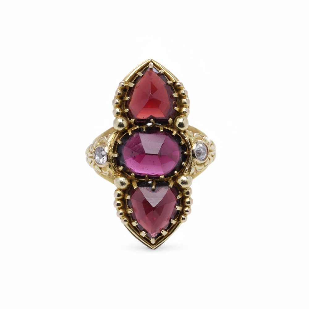 Antique French 18 Carat Gold Garnet And Diamond Navette Ring