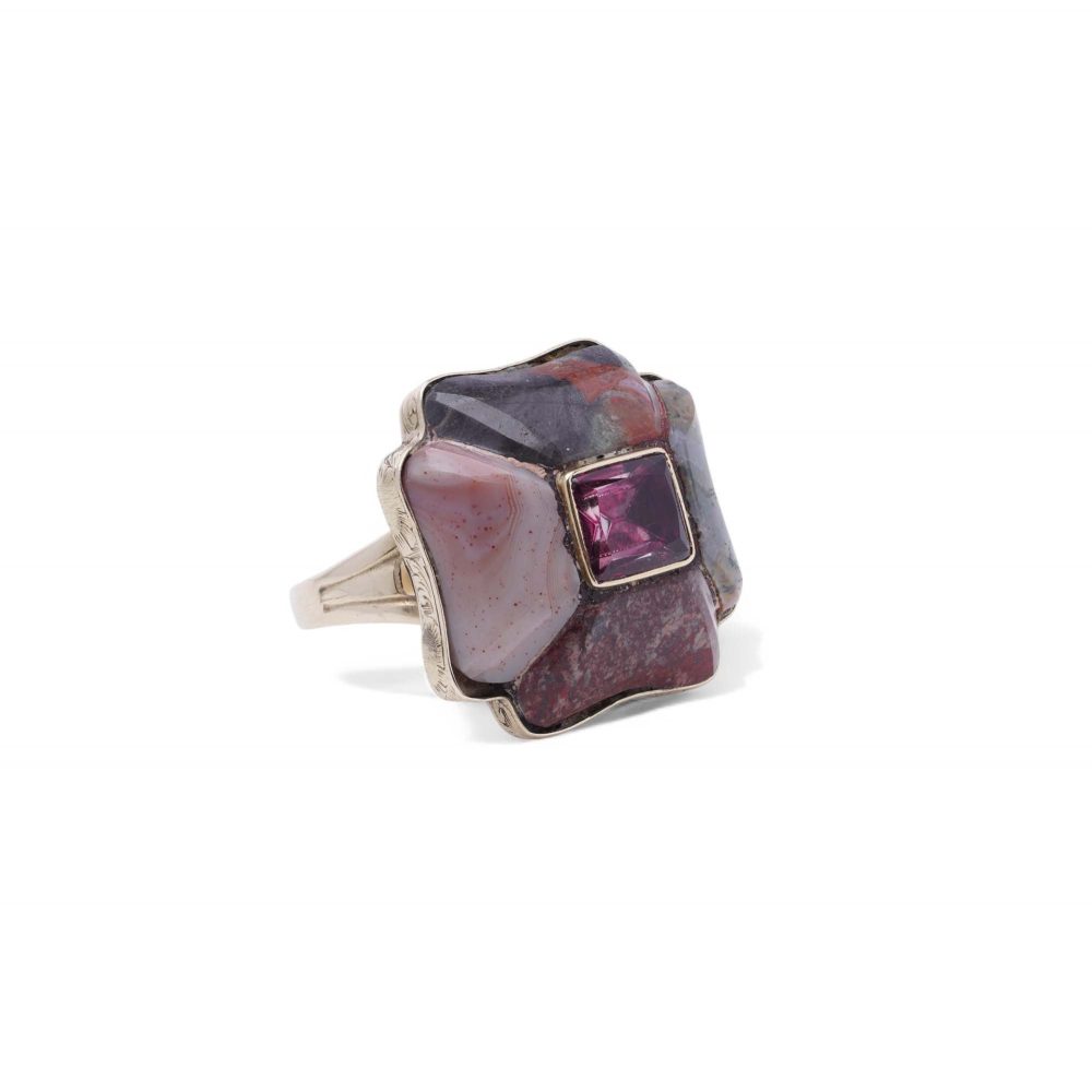 Victorian 12 Carat Yellow Gold Ring With Scottish Agate And Pink Tourmaline