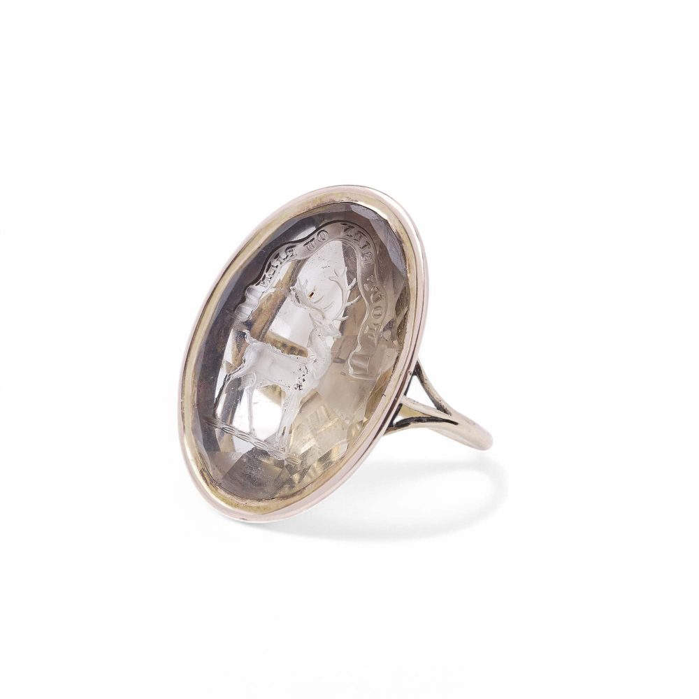 Rock crystal intaglio signet ring in gold.