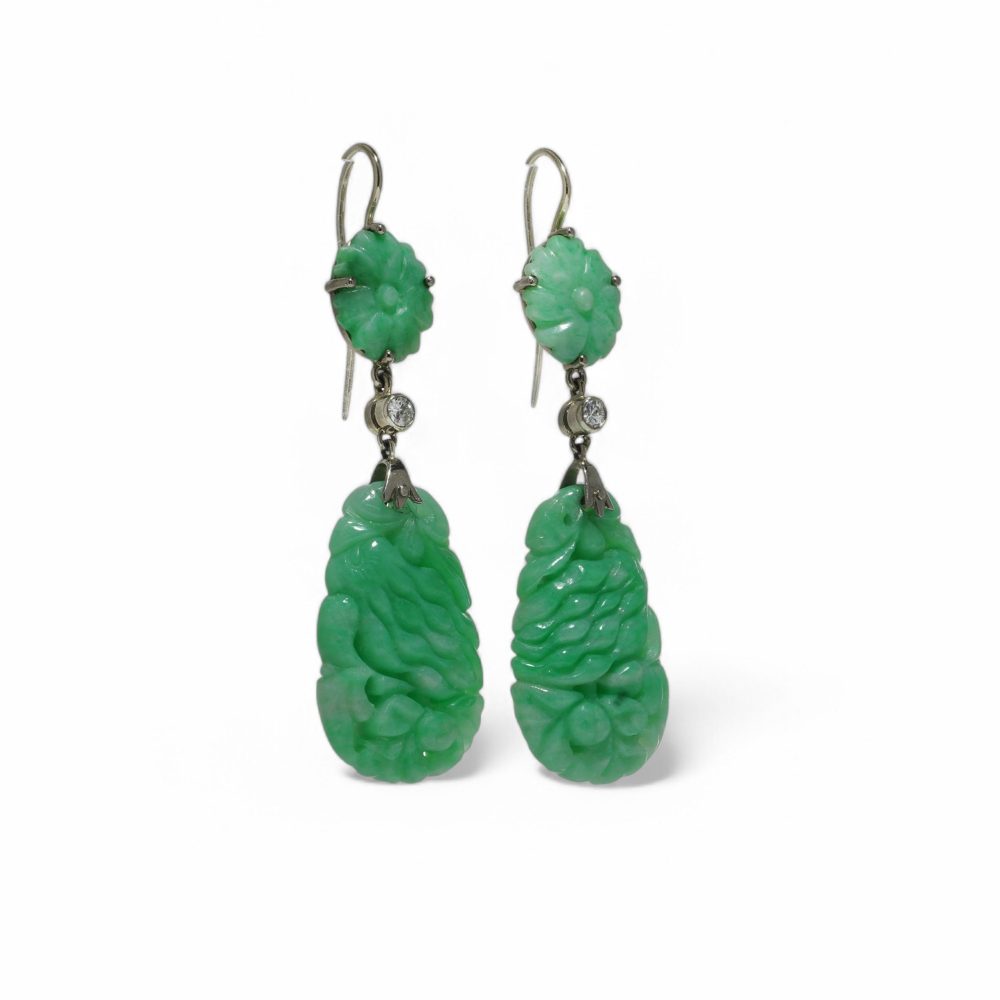 Jade Earrings With Diamond Accents In 18 Carat White Gold.