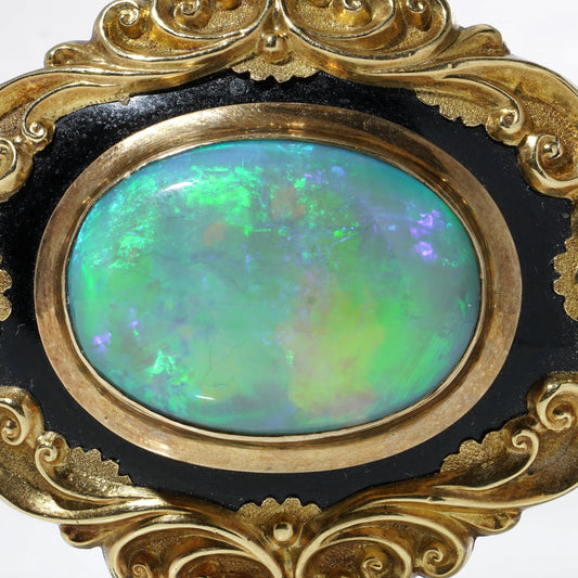 Victorian Antique Opal and Black Enamel Brooch in 9ct Gold