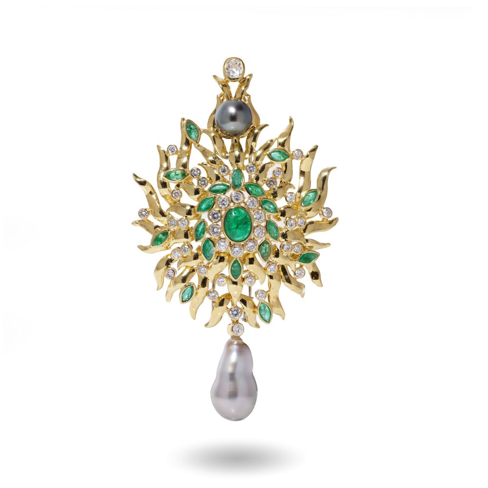 Vintage 18 Carat Yellow Gold Sunburst Brooch With Diamonds, Emeralds And Pearls