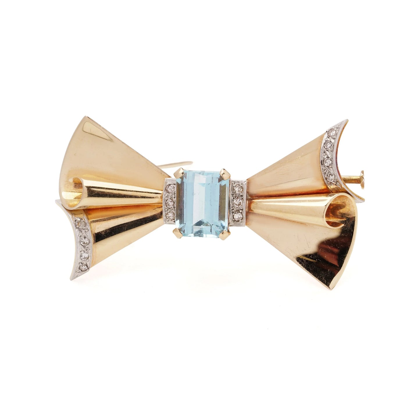 Retro 18 Carat Gold And Platinum Bow Brooch With 6.00 ct Aquamarine And Diamonds