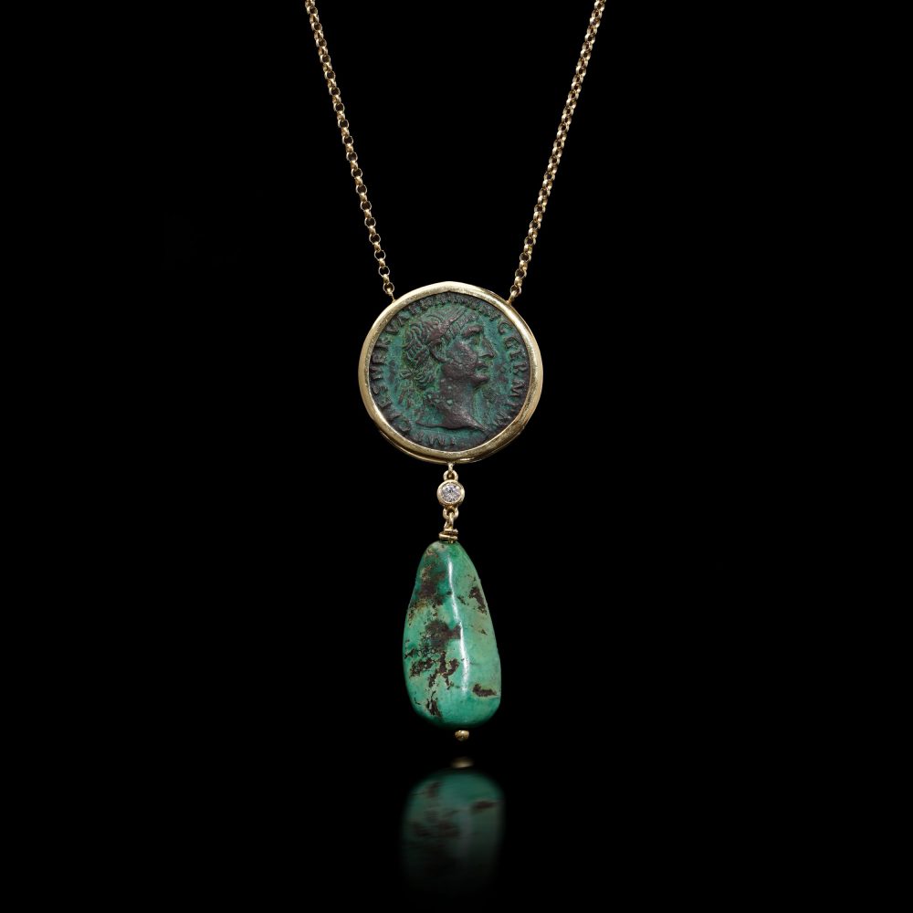 18 Carat Yellow Gold Necklace With Trajan Coin, Turquoise Drop And Diamond