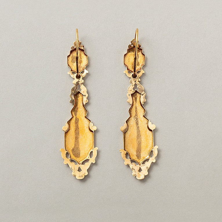 Antique French Gold Drop Day and Night Earrings with Enamel