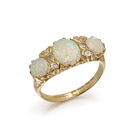 Vintage 2.50ct Opal and Diamond Three Stone Ring