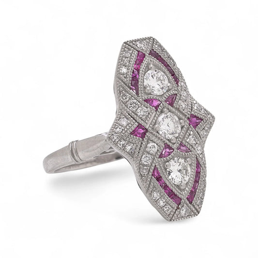 Art Deco Inspired Ruby and Diamond Plaque Ring in Platinum