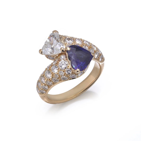 Heart Cut Sapphire and Diamond Toi et Moi Crossover Ring in 18ct Yellow Gold