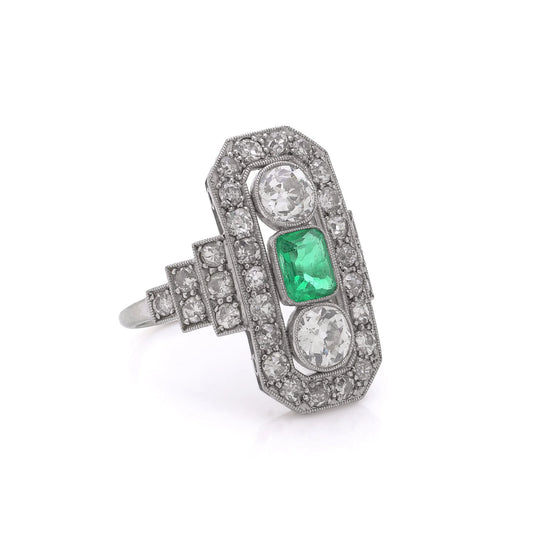 Art Deco Platinum And 18 Carat Gold Ring With Colombian Emerald And Old Cut Diamonds