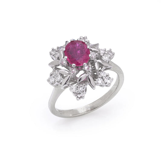Vintage 1ct Ruby and Diamond Cluster Engagement Ring