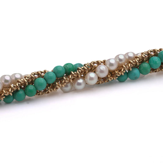 Vintage Van Cleef and Arpels Turquoise Pearl Gold Twist Bracelet