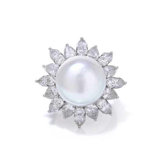 Vintage Platinum Natural Pearl Cluster Ring with Diamonds