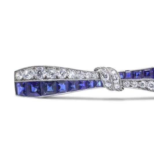 Art Deco 2.40ct Sapphire and 1ct Old Cut Diamond Bow Brooch in Platinum