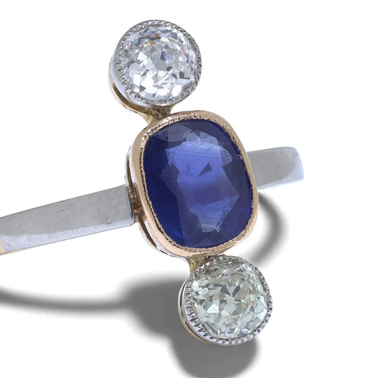 Edwardian Antique 1ct Ceylon Sapphire and Old Cut Diamond Three Stone Engagement Ring