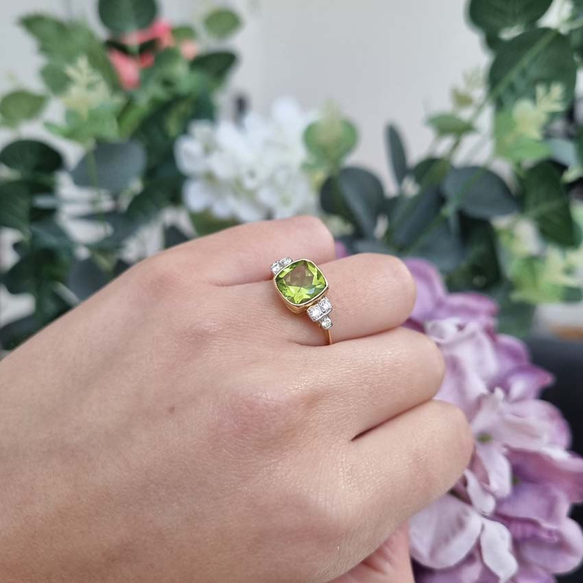 2.1ct Cushion Cut Peridot and Diamond Ring