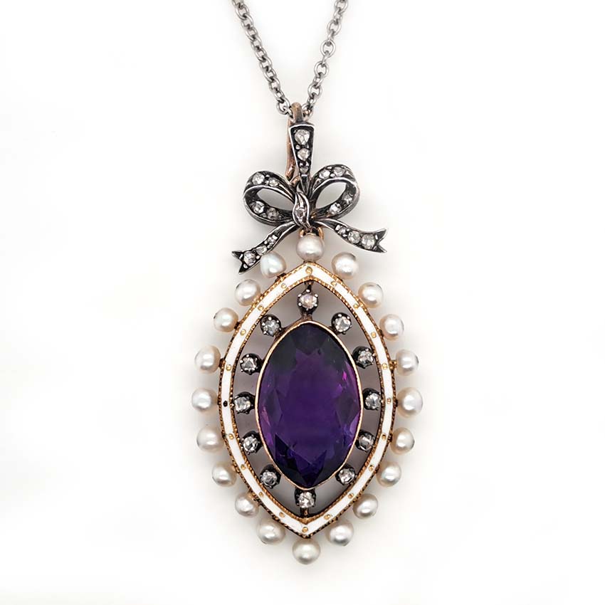 Edwardian Antique Marquise Amethyst Pearl and Diamond Pendant, marquise-cut amethyst surrounded by rose-cut diamonds within white enamel border with gold detailing and natural pearls to outer edge with diamond-set bow bail