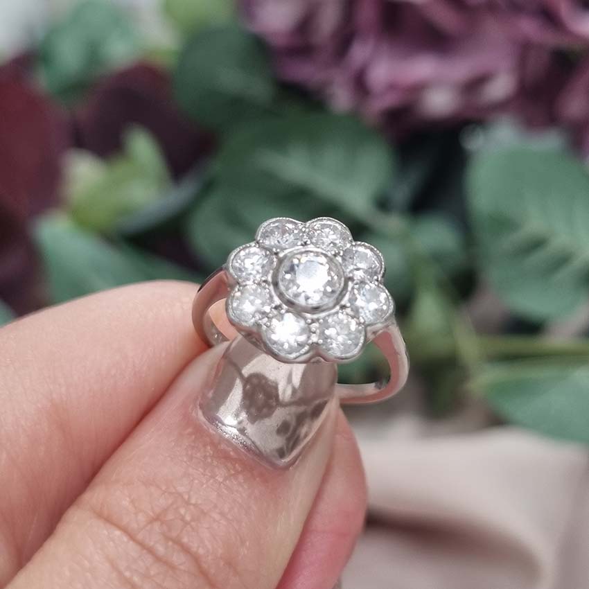 Art Deco 1.25ct Old Cut Diamond Cluster Engagement Ring