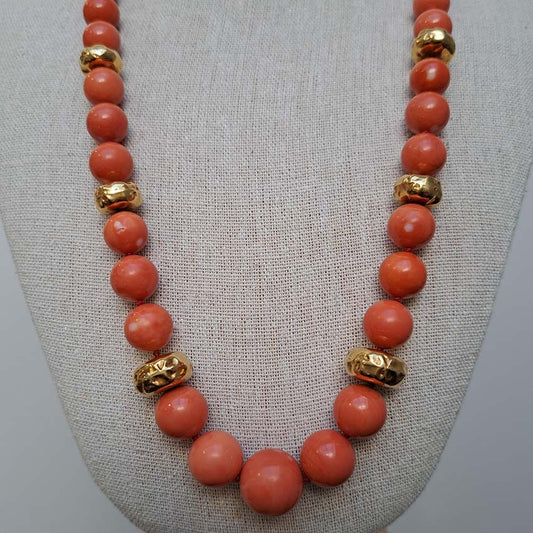 Antique Japanese Momo Coral and Gold Graduated Bead Necklace