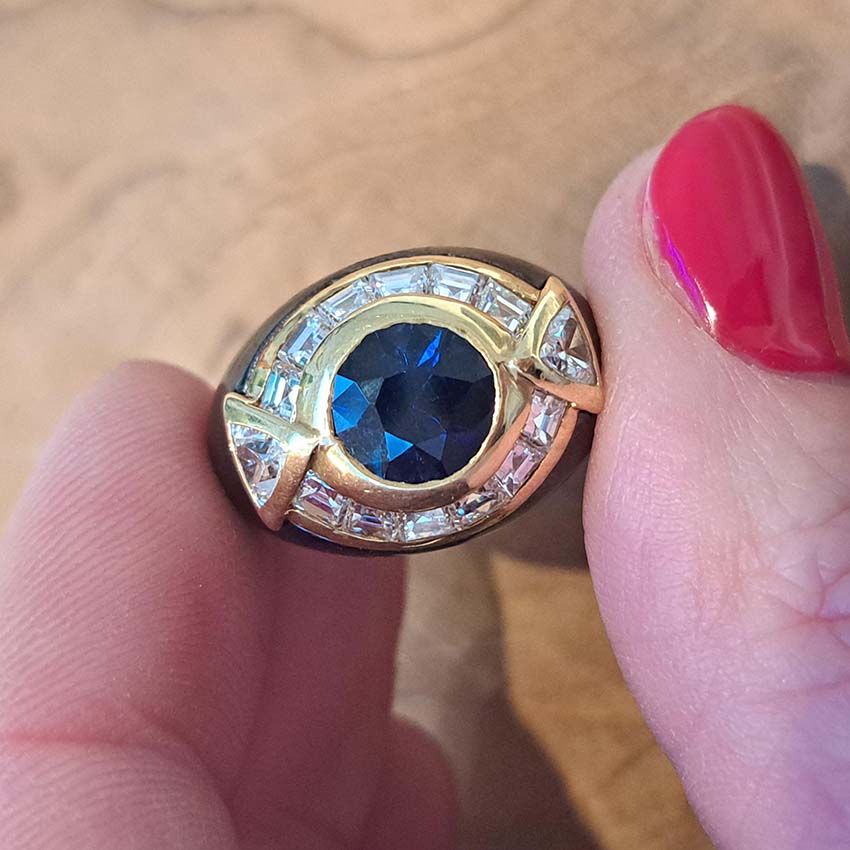Vintage Faraone Sapphire Diamond and Black Enamel Ring