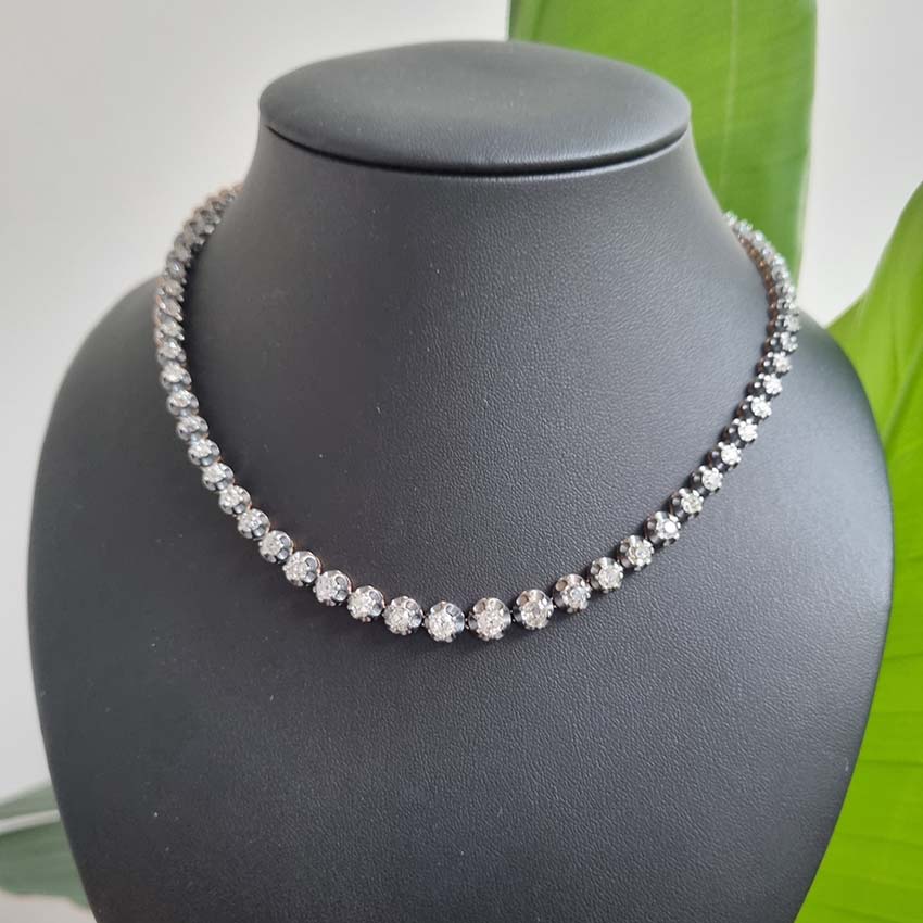 Antique 10.7ct Old Cut Diamond Line Necklace, 73 graduating old mine-cut diamonds in individual crown settings in silver upon yellow gold, 43.3cm long