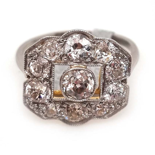 Vintage Art Deco 1.5ct Old Cut Diamond Cluster Panel Ring
