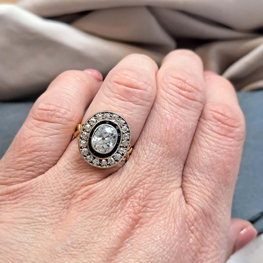 Old Cut Diamond and Onyx Cluster Engagement Ring