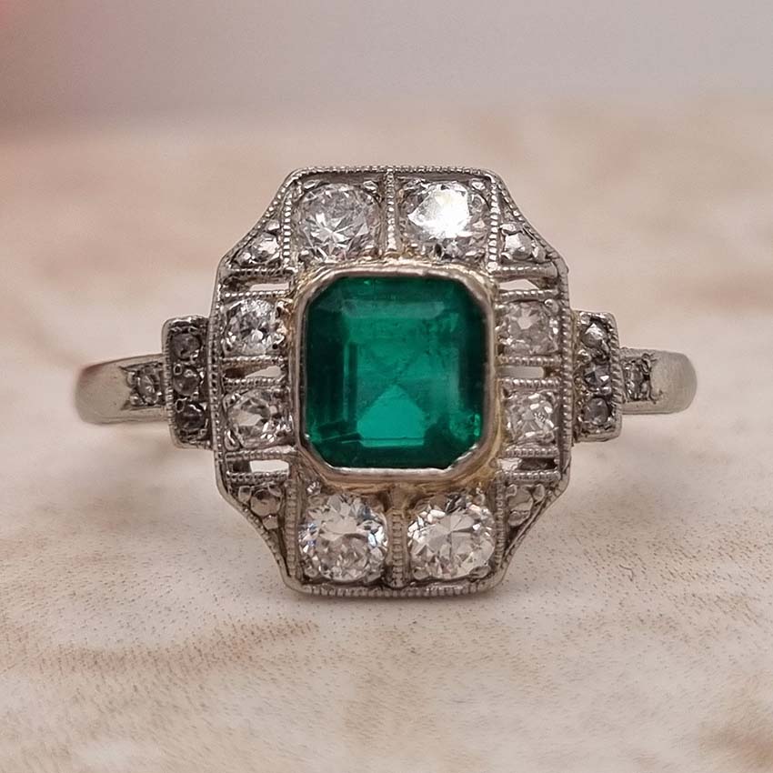 Art Deco Emerald and Diamond Cluster Dress Ring