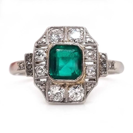 Art Deco Emerald and Diamond Cluster Dress Ring