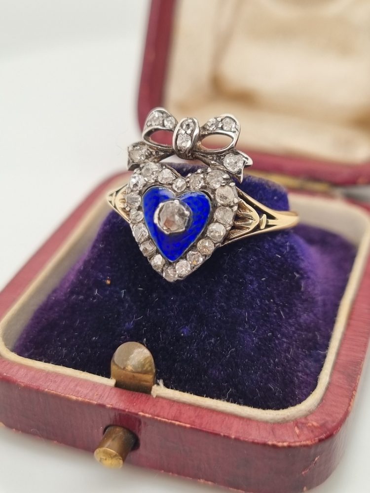 Antique Victorian blue enamel and diamond ring heart old cut diamonds rose cuts