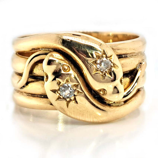 Antique Diamond Set Gold Double Snake Mens Ring