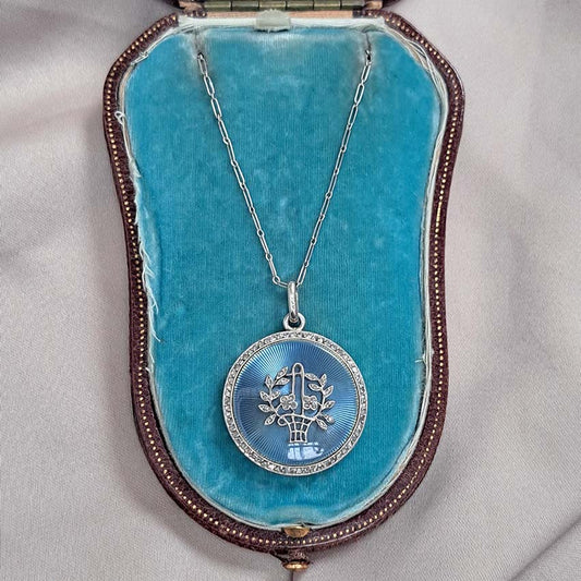 Antique Blue Enamel and Diamond Locket Pendant
