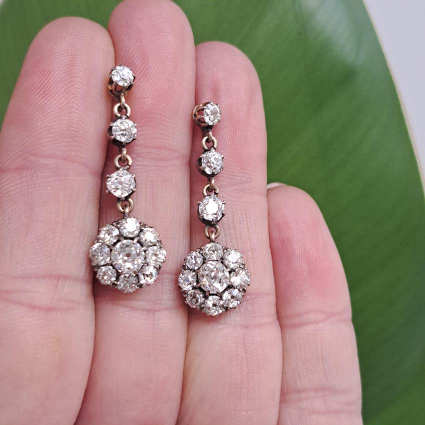 Antique 4.5ct Old Cut Diamond Cluster Drop Earrings