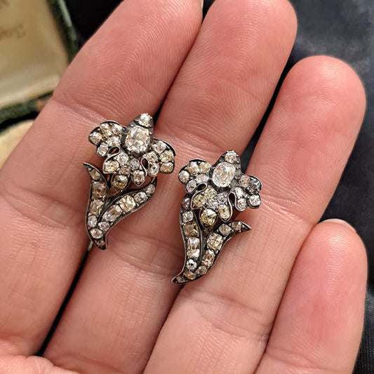Victorian Antique 2.20ct Diamond Iris Flower Clip Earrings in Silver on Gold