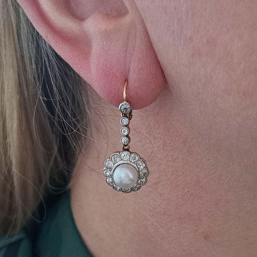 Antique Victorian Pearl and Diamond Cluster Drop Earrings, 2.80 carats