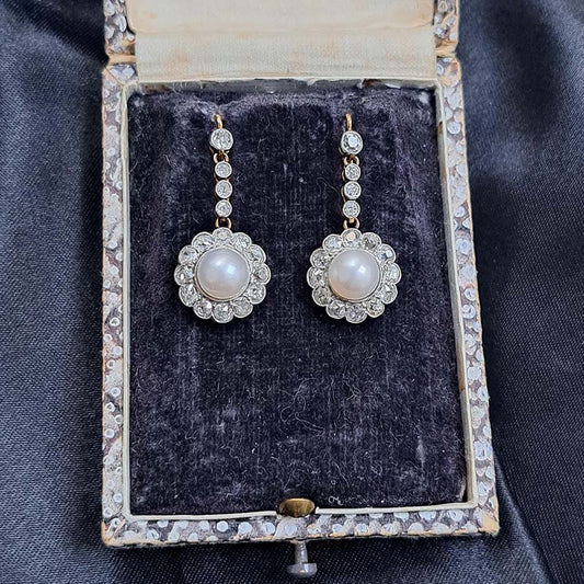 Antique Victorian Pearl and Diamond Cluster Drop Earrings, 2.80 carats