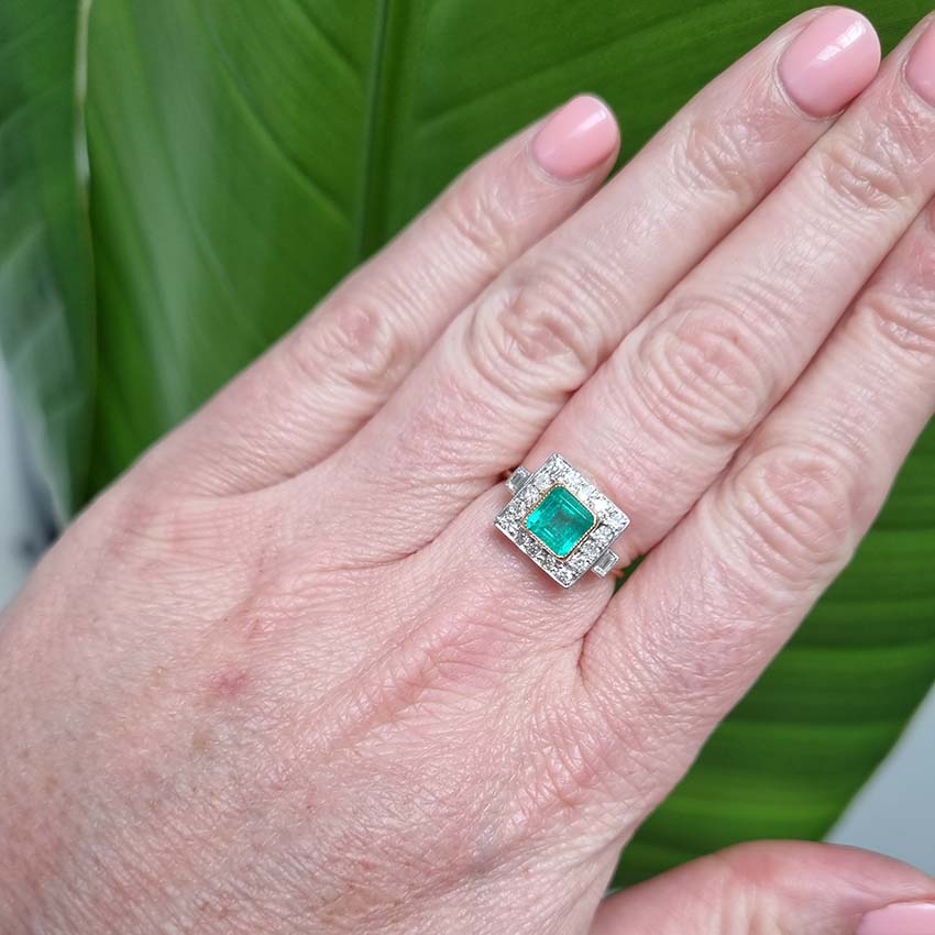 1.20ct Square Emerald and Diamond Cluster Engagement Ring