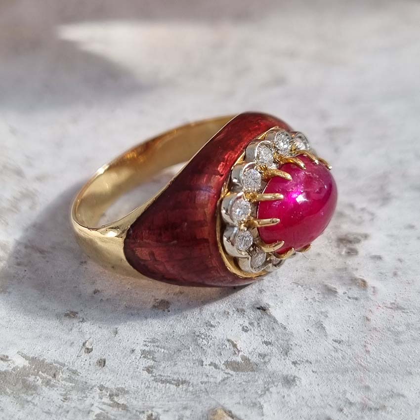 Vintage 1960s Cabochon Cut No Heat Burma Ruby Diamond and Red Enamel Ring
