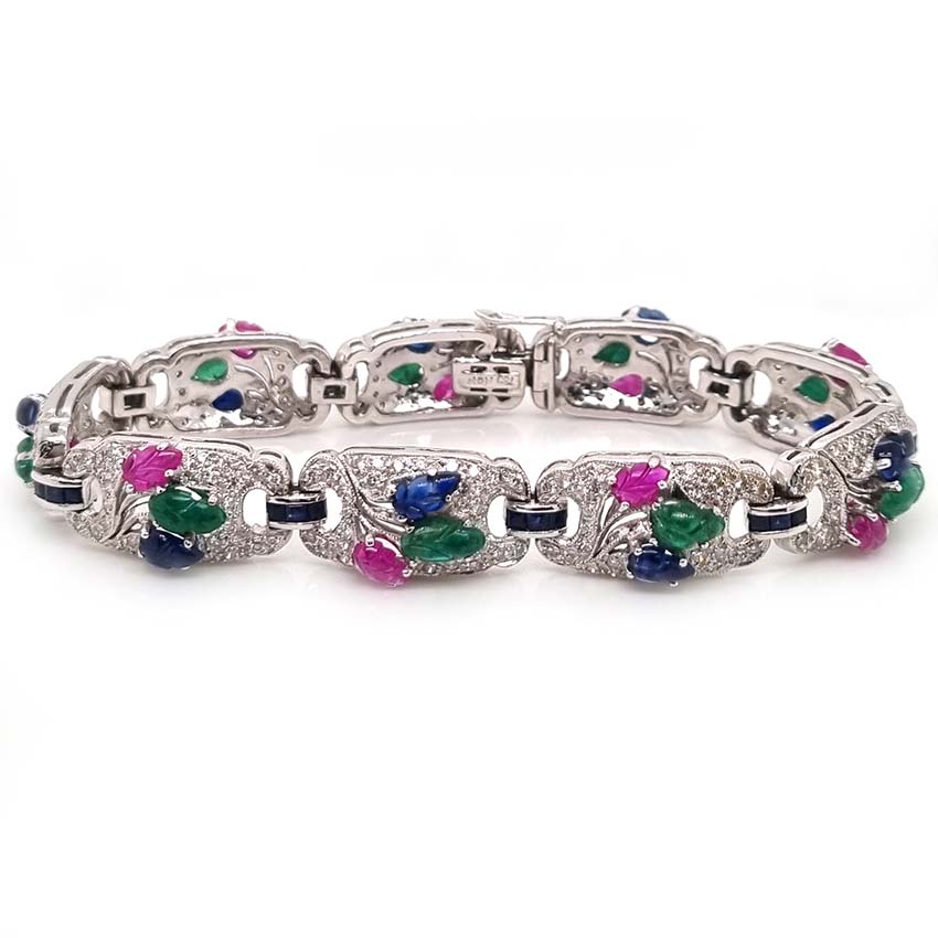 Multi Gemstone Sapphire Ruby Emerald and 4.50ct Diamond Tutti Frutti Bracelet in 18ct White gold, each diamond panel with hand carved cabochon Emerald, Ruby and Sapphire in leaf design