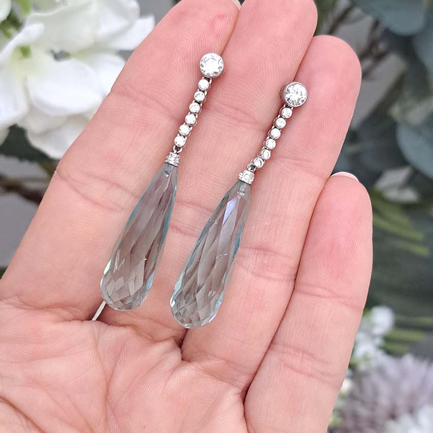 Briolette Aquamarine and Diamond Drop Earrings