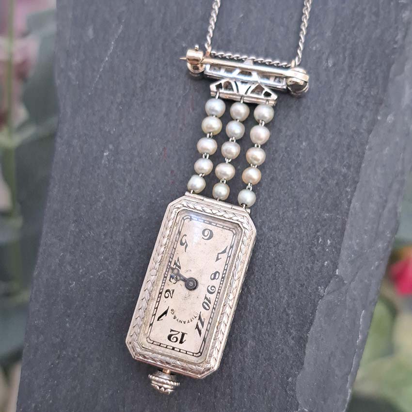 Tiffany and Co Art Deco Diamond Pearl Platinum Watch Pendant