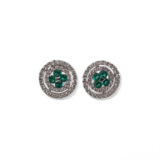 Round Emerald and Diamond Double Halo Stud Earrings in 18ct White Gold