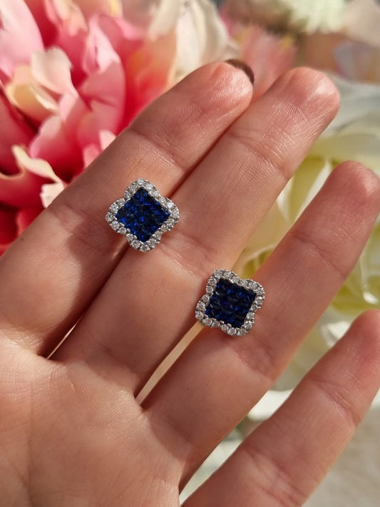 Square Sapphire and Diamond Cluster Stud Earrings in 18ct White Gold