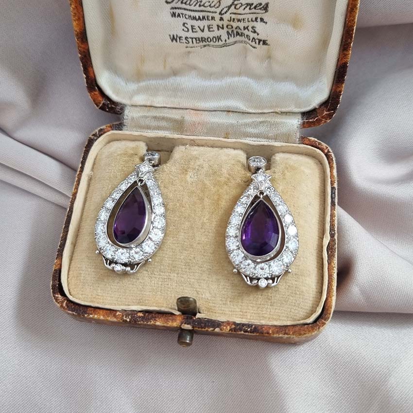 Antique Pear Cut Amethyst and Diamond Cluster Drop Earrings