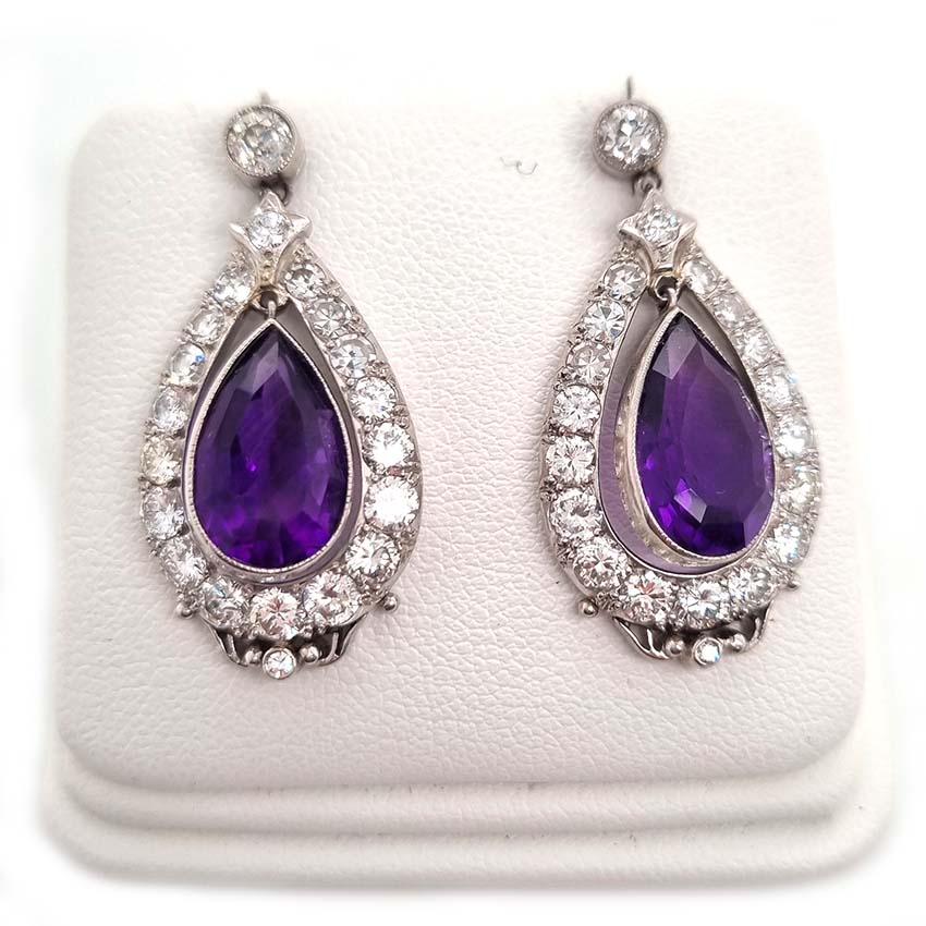 Antique Pear Amethyst and Diamond Cluster Drop Earrings in Platinum