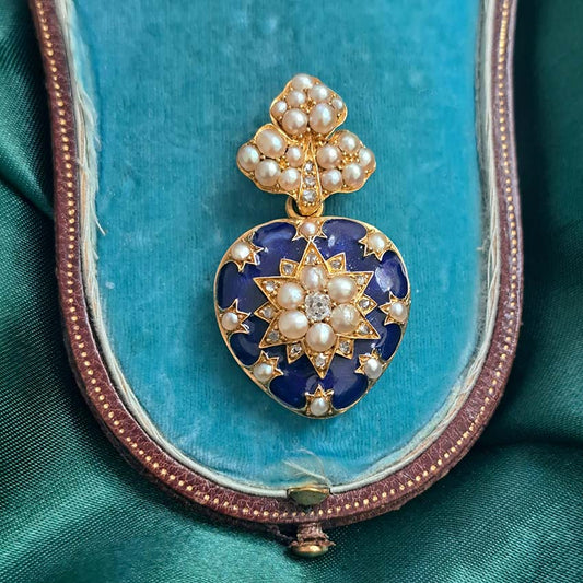 Victorian Antique Blue Enamel Pearl and Diamond Heart Locket Pendant