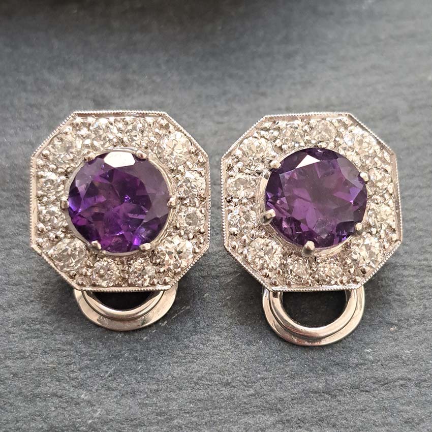 Antique French Amethyst and 2ct Old Cut Diamond Octagonal Cluster Clip On Earrings in 18ct White Gold