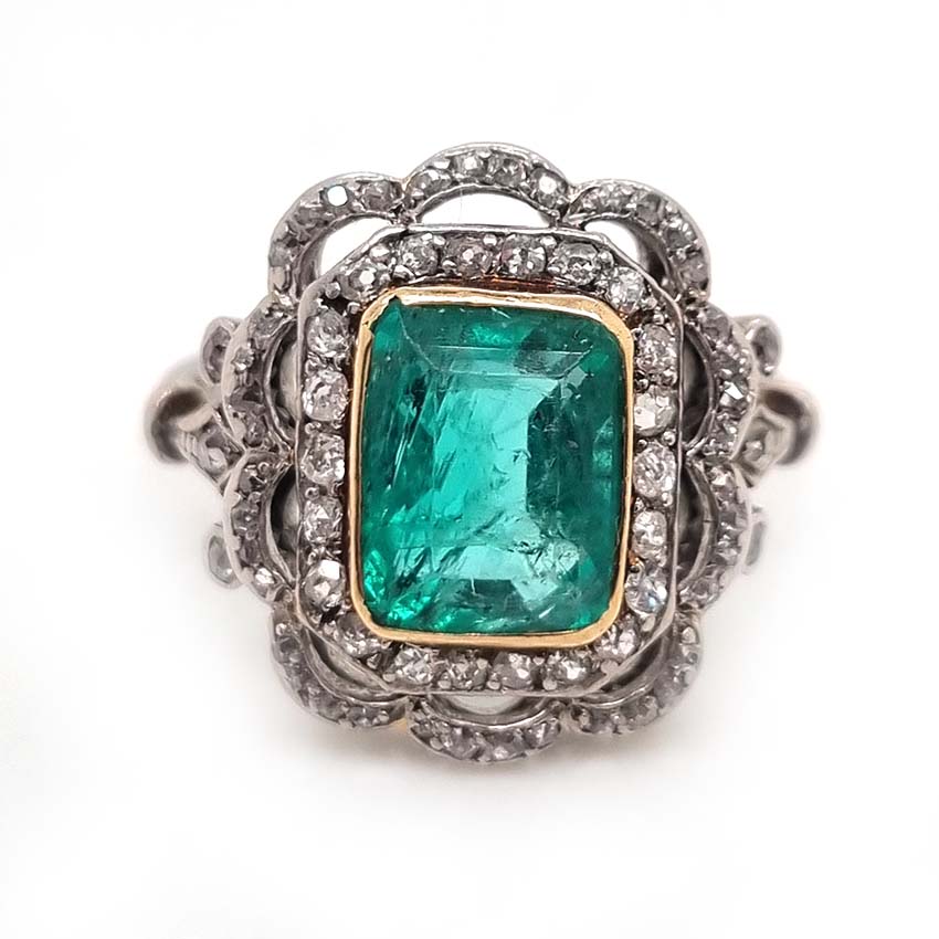 Belle Epoque Emerald and diamond cluster ring Art Deco vintage